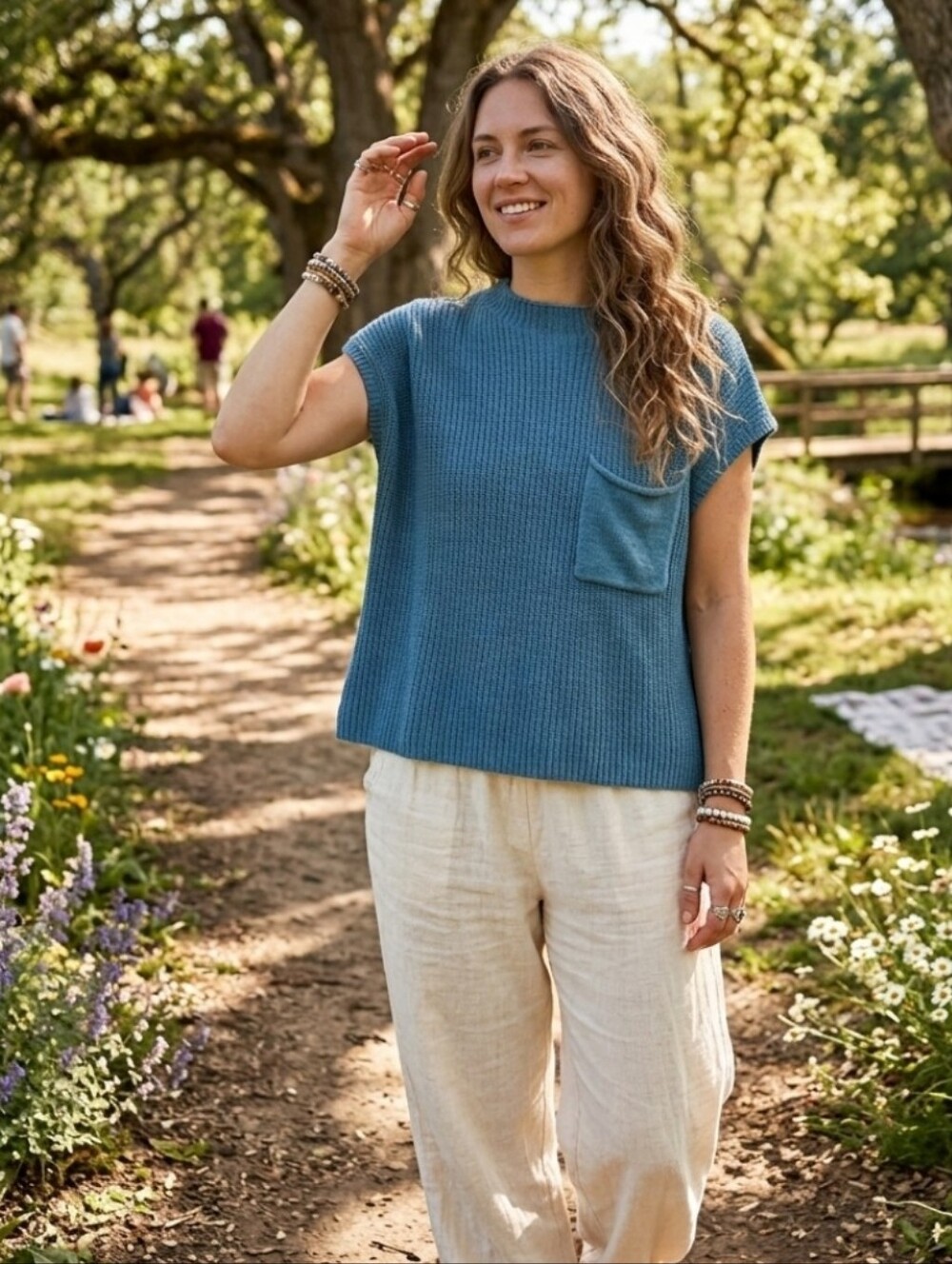 FP Beach Teal Blue Ribbed Pocket Knit Top